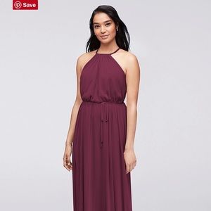 David’s Bridal Wine Mesh Halter Bridesmaid Dress
